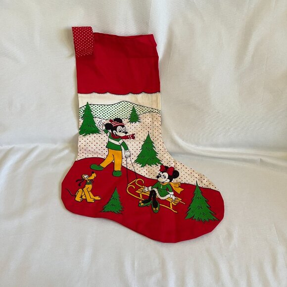 Vintage Disney Christmas Stocking Featuring Mickey Minnie & Pluto Red Holiday De - Picture 2 of 2